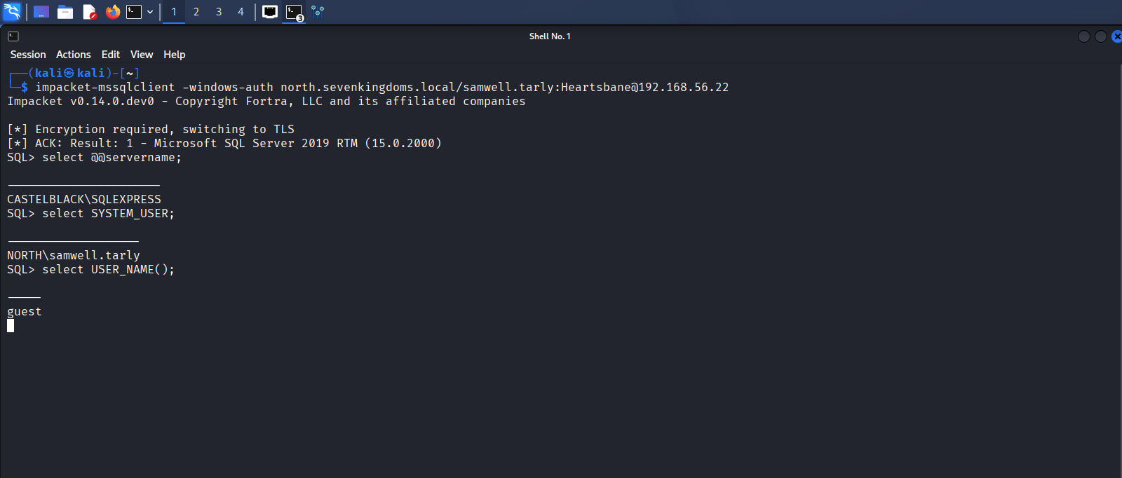 使用 mssqlclient 查看当前 SQL Server 身份